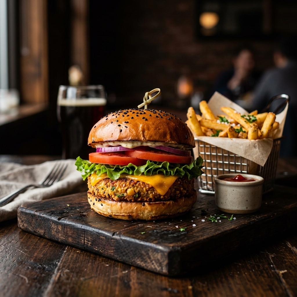 Gourmet burger with crisp lettuce and cheese