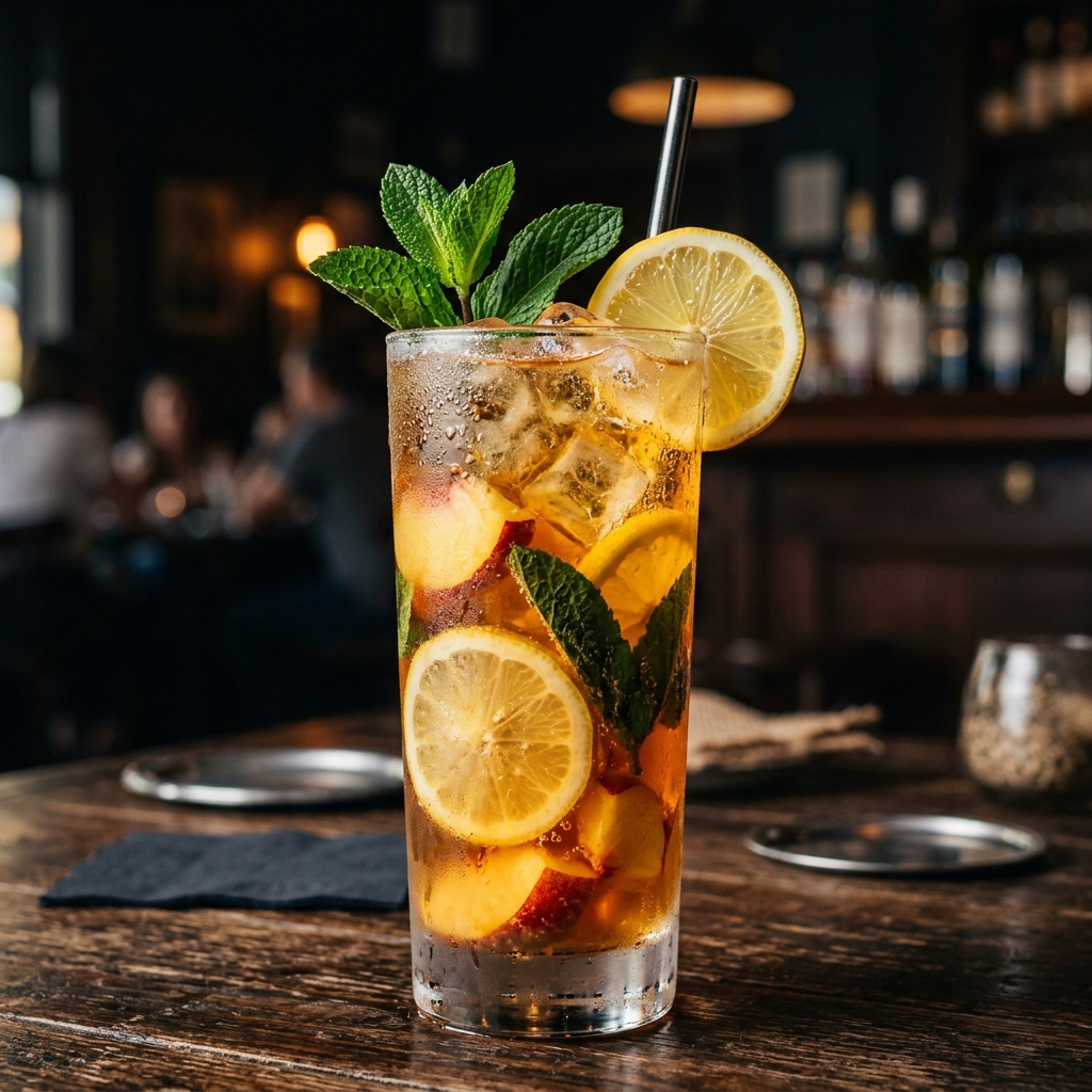 Tall glass of refreshing iced tea with lemon and mint