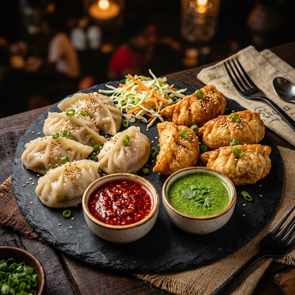 Steaming hot momos on a platter