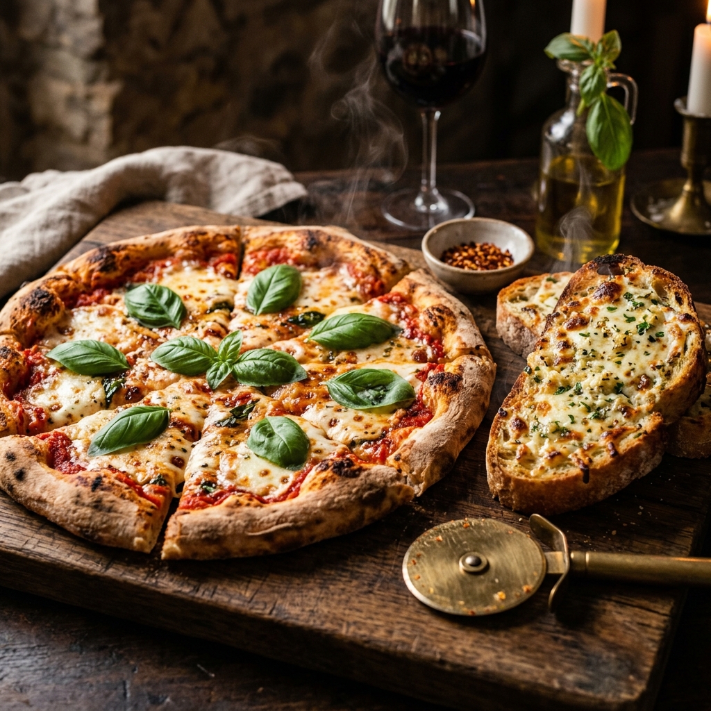Gourmet cheesy pizza straight from the oven