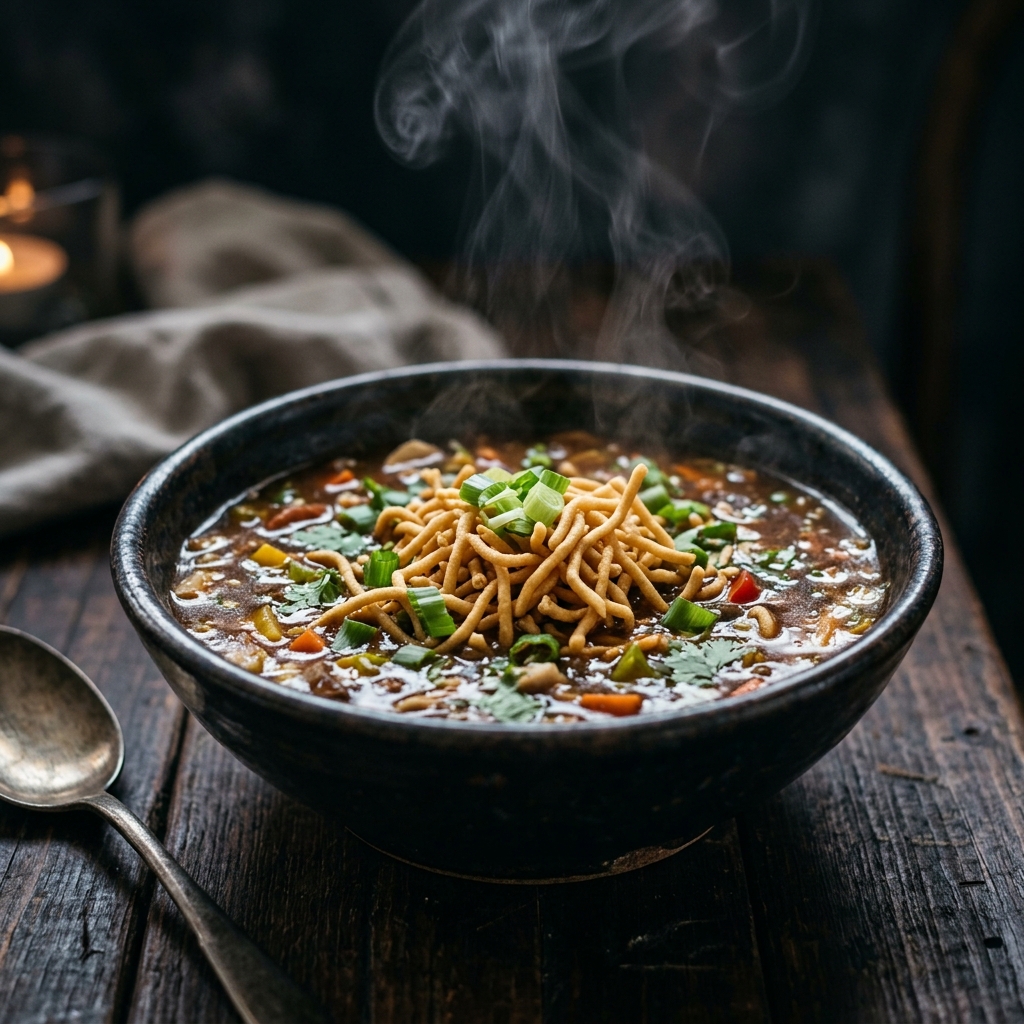 A hot steaming bowl of tomato soup with crispy noodles